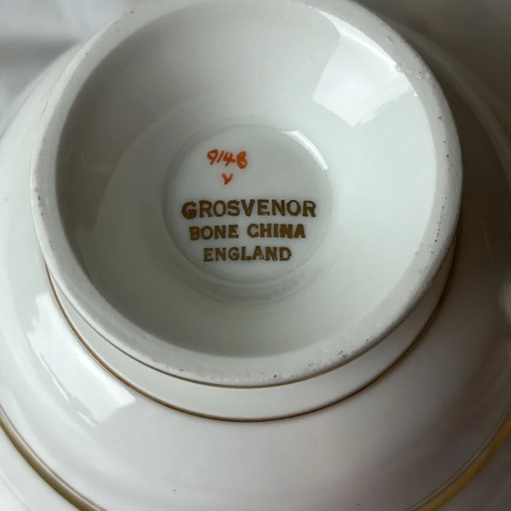 Antique Grosvenor Tea Cup and Saucer Set heavy gold vine with peaches